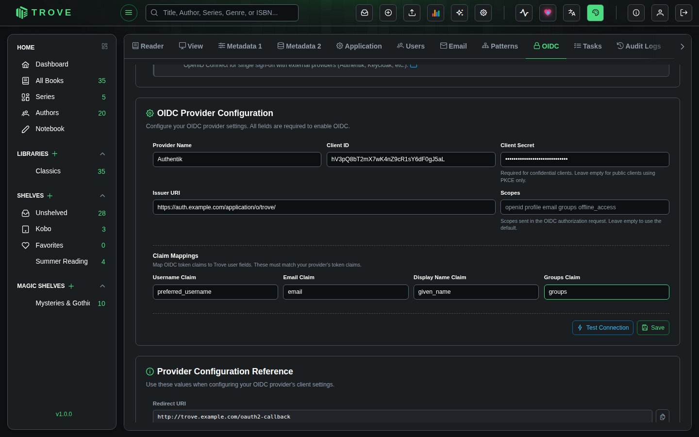The OIDC provider configuration filled in for Authentik with example values