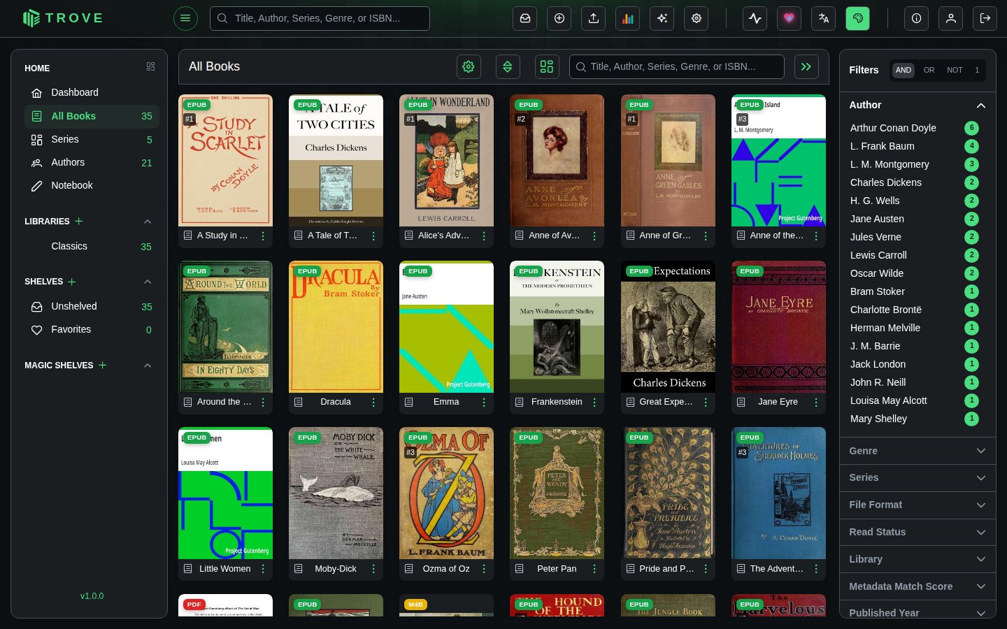 All Books in the grid view, with filters on the right