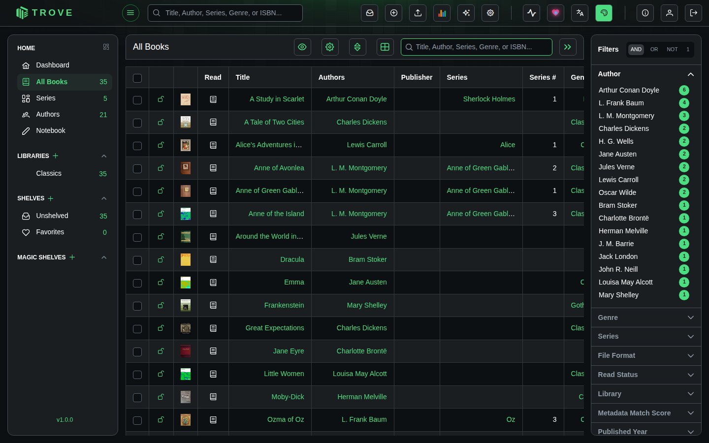The table with the filter sidebar