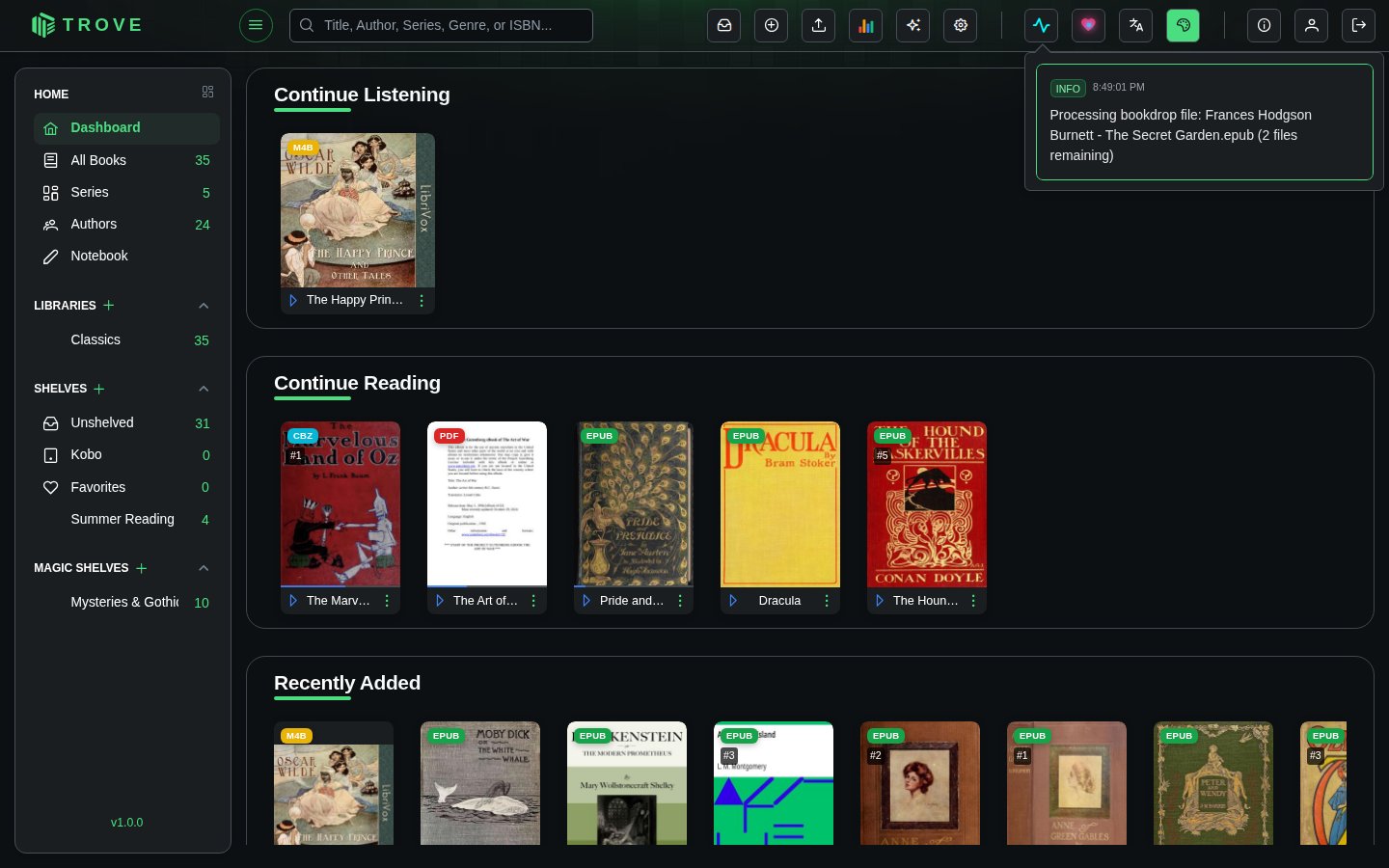 The activity panel reporting a Bookdrop file being processed
