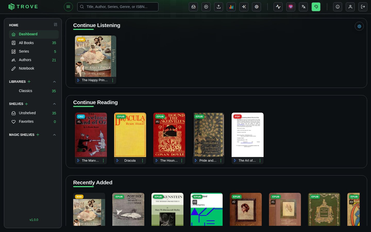 The Trove dashboard showing recently added books and reading progress