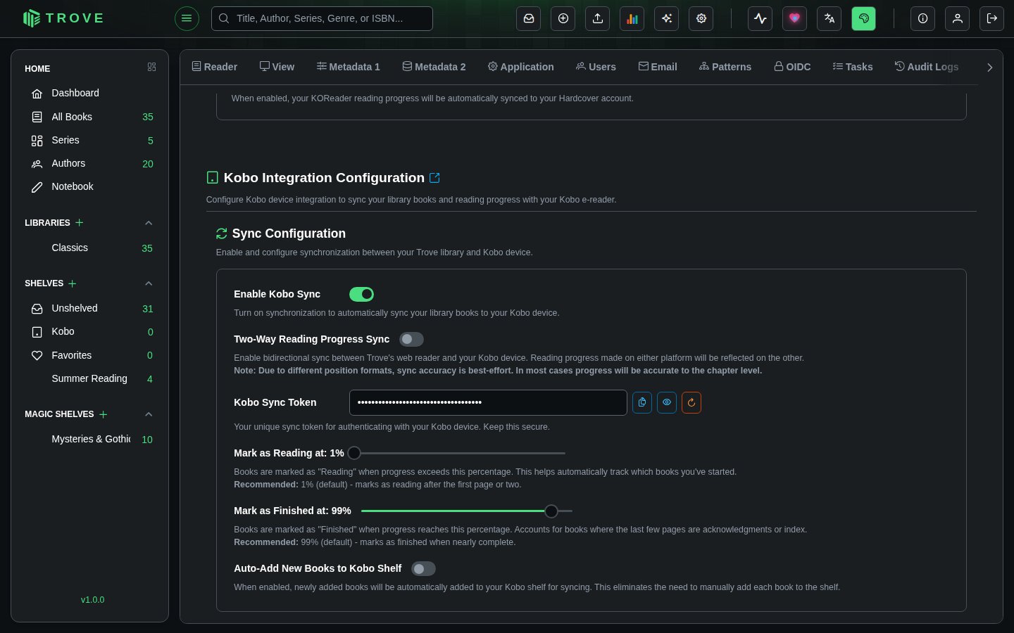 Kobo sync switched on, with the sync token and progress thresholds
