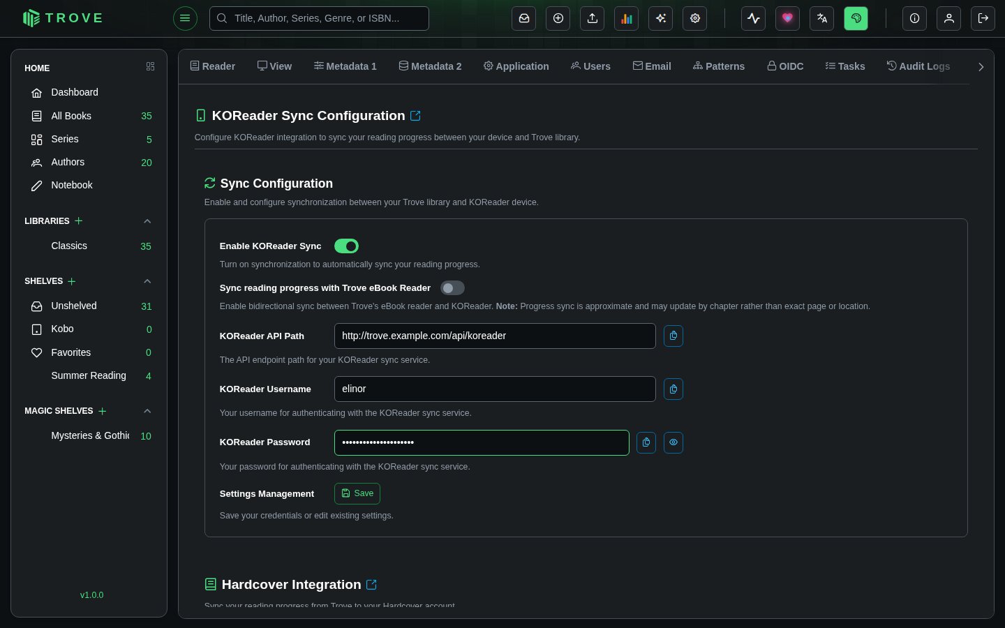 KOReader Settings with sync enabled, API path populated, username and password filled in, and Save button