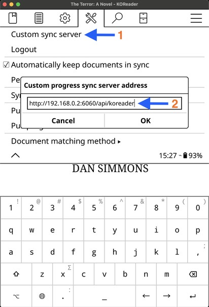 KOReader Custom sync server dialog with the Trove API URL entered