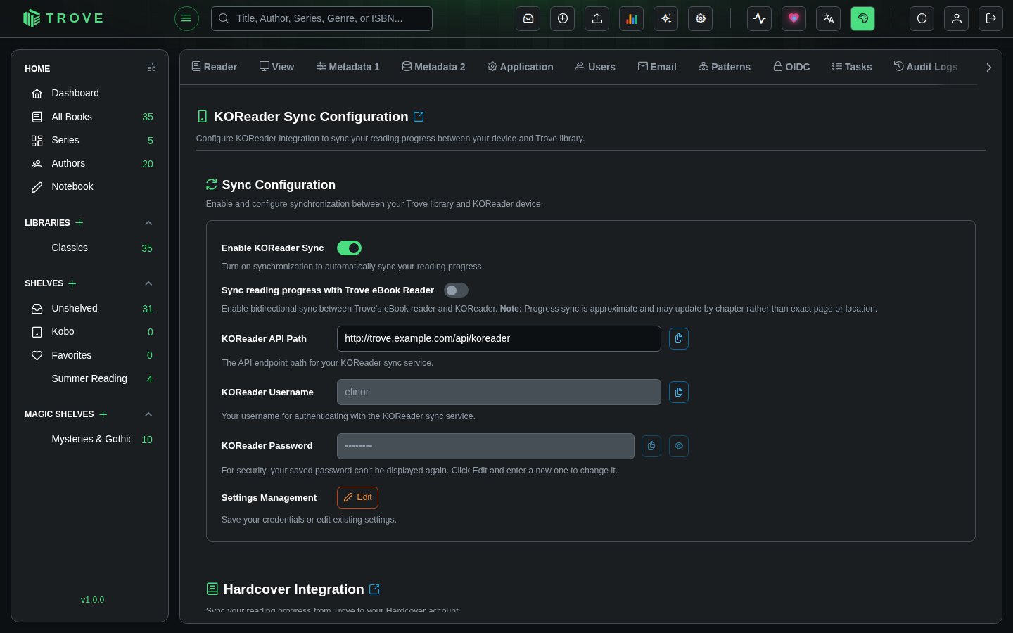 Trove Settings > Devices page showing KOReader Settings with Enable toggle, API Path, Username, and Password fields with an Edit button