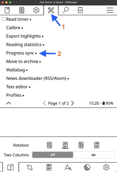 KOReader tools menu showing Progress sync option