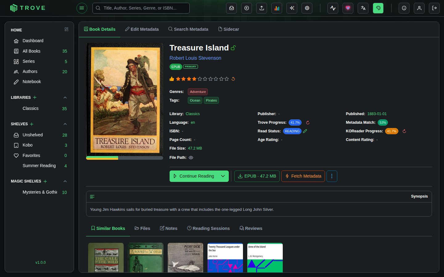 Treasure Island's page showing KOReader Progress of 41.7%