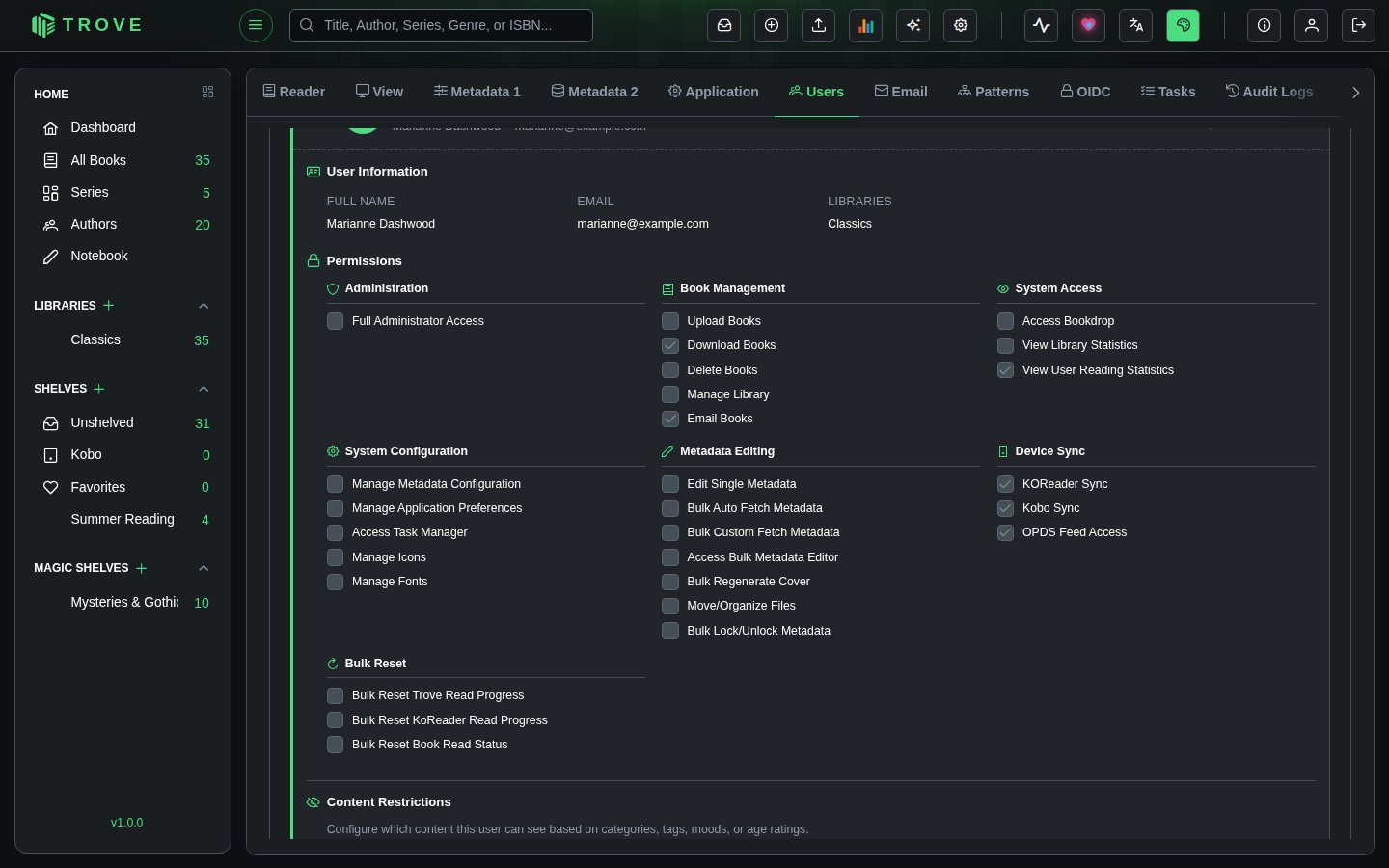 A user's permissions, with KOReader Sync ticked under Device Sync