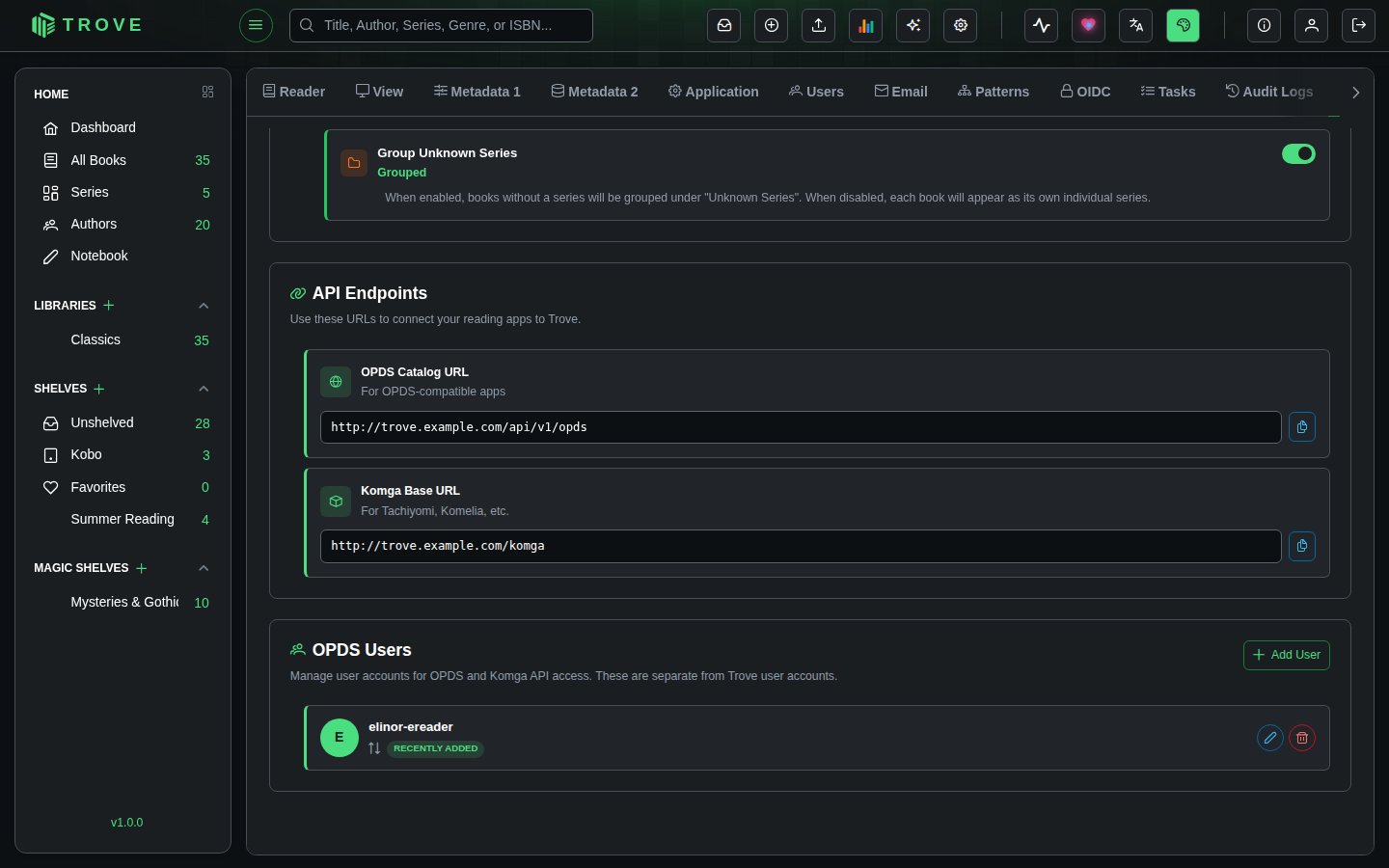 OPDS and the Komga API switched on, their addresses, and an OPDS user