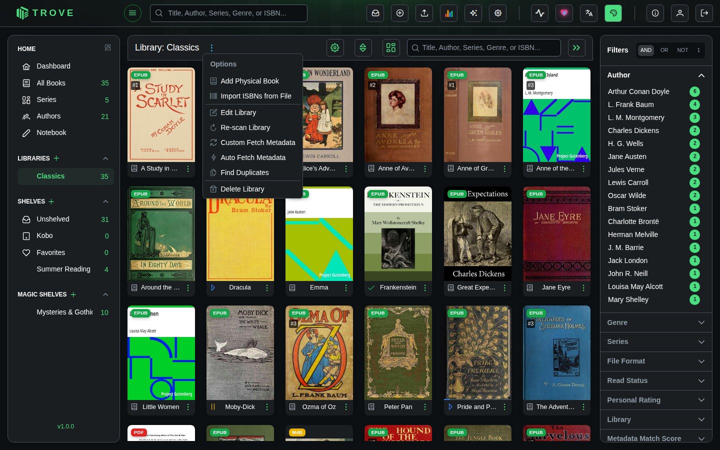 The library menu open on the Classics library