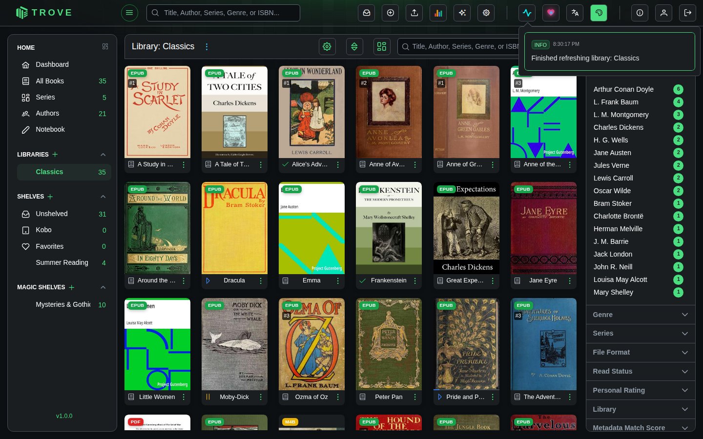 A library of classics with the activity panel reporting the finished scan