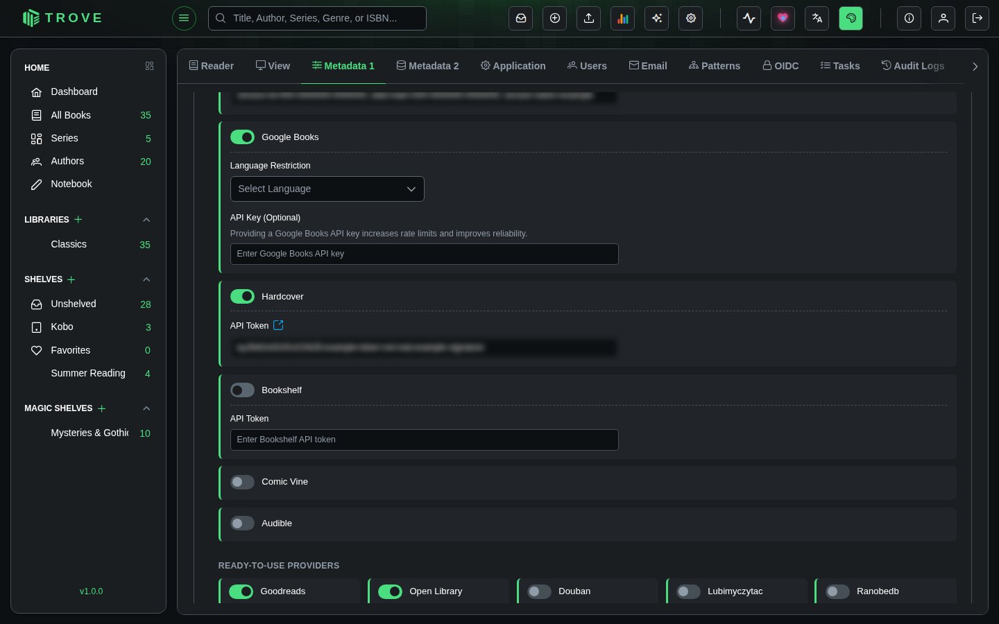 Trove Metadata 1 settings with the Hardcover token field