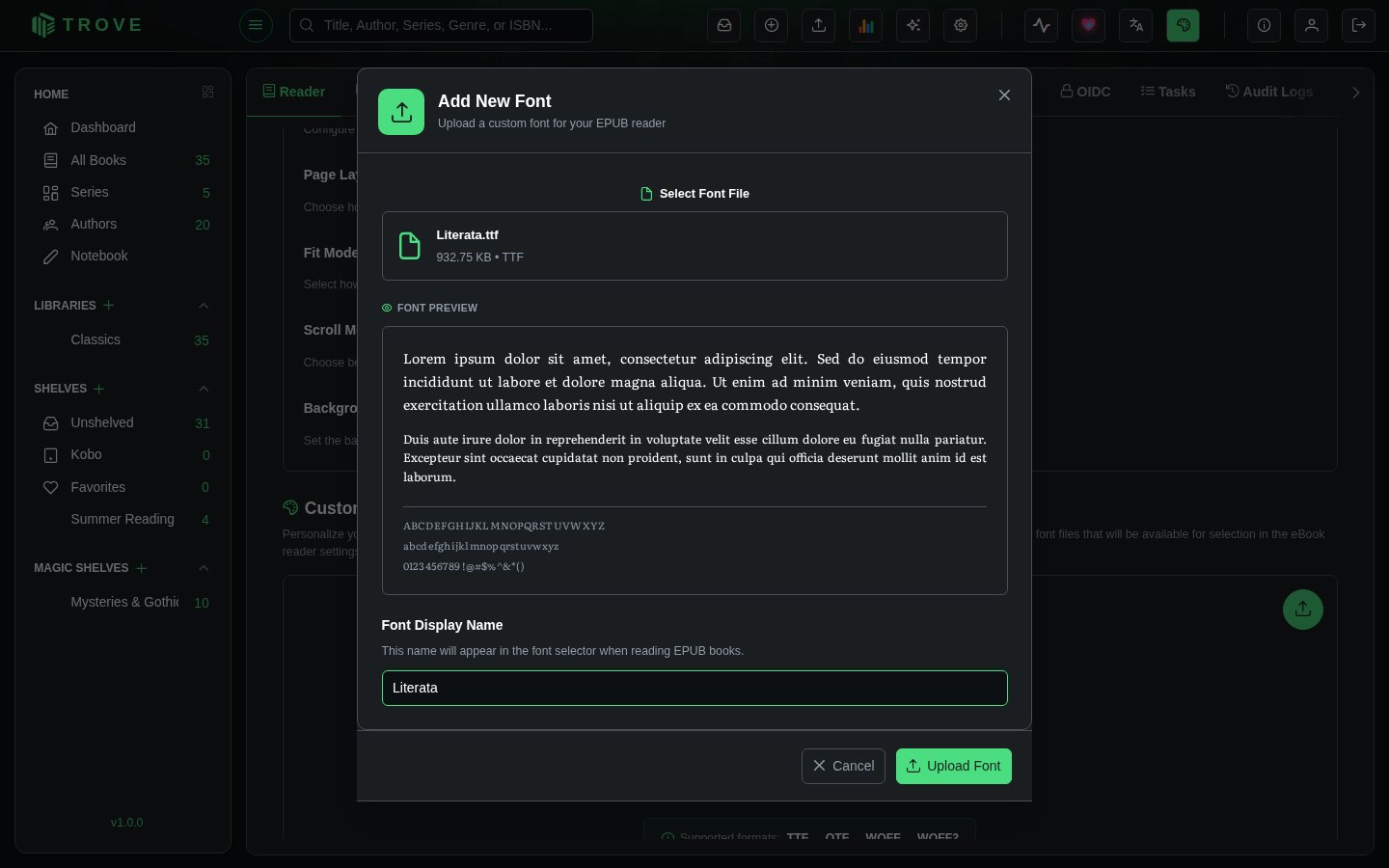 Literata selected, with a preview and its display name