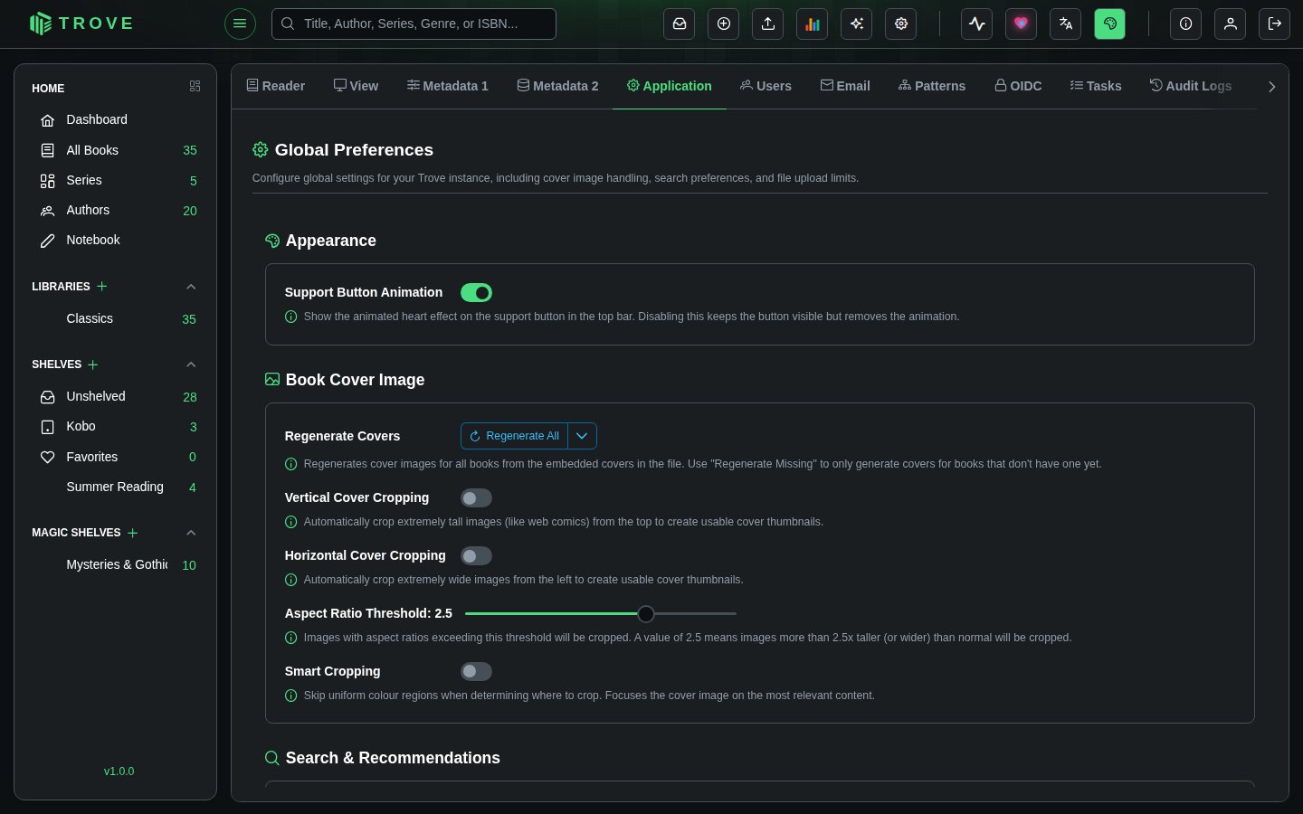The Application settings tab
